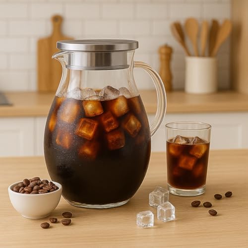 Glass Water Pitcher with Lid, 67oz / 2L Heat-Resistant Jug for Iced Tea, Juice, Coffee, and Daily Use in Clear, alternate