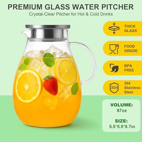 Glass Water Pitcher with Lid, 67oz / 2L Heat-Resistant Jug for Iced Tea, Juice, Coffee, and Daily Use in Clear, alternate