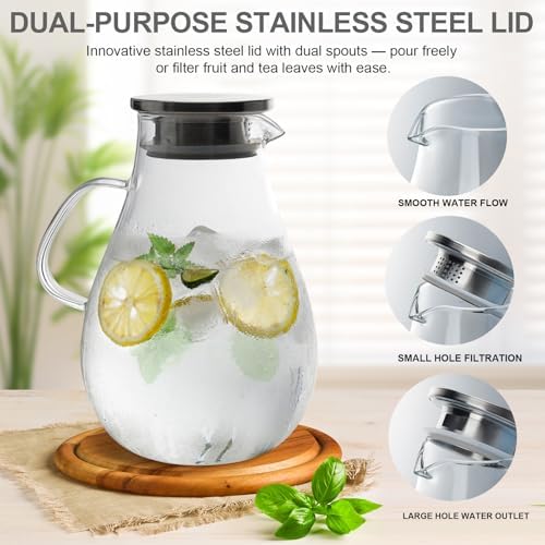 Glass Water Pitcher with Lid, 67oz / 2L Heat-Resistant Jug for Iced Tea, Juice, Coffee, and Daily Use in Clear, alternate