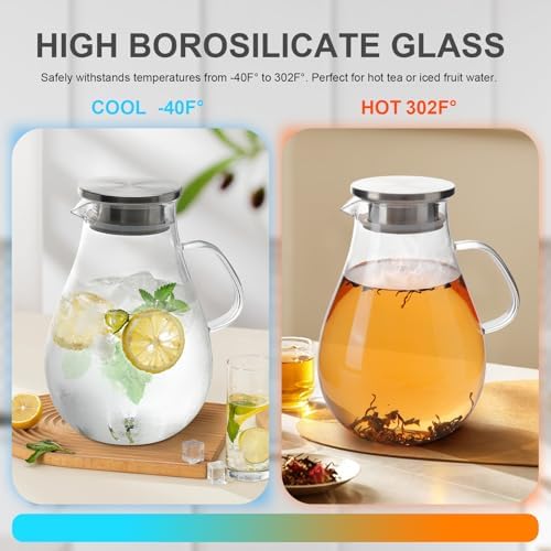 Glass Water Pitcher with Lid, 67oz / 2L Heat-Resistant Jug for Iced Tea, Juice, Coffee, and Daily Use in Clear, alternate