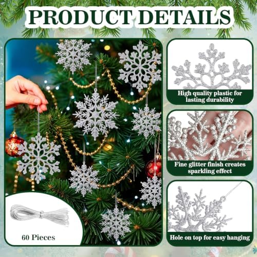 Glitter Christmas Silver Plastic Snowflake Ornaments for Winter Holiday, alternate view 4