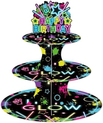 Glow in Dark Cupcake Stand Neon Birthday Party Decorations 3 Tiered Dessert Cake Table Displays Glow in Dark