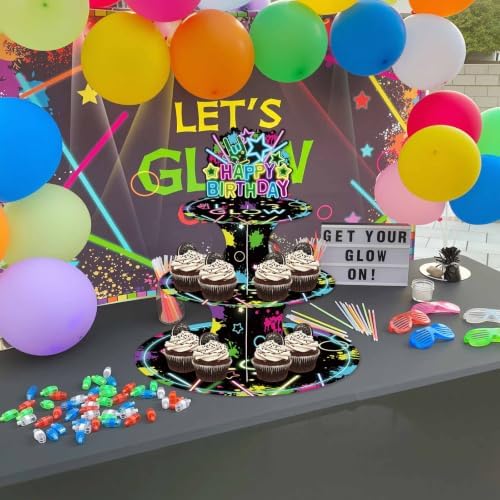 Glow in Dark Cupcake Stand Neon Birthday Party Decorations 3 Tiered Dessert Cake Table Displays Glow in Dark, alternate view