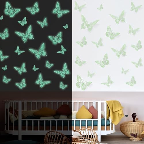 Glow in The Dark 3D Butterfly 24 Pcs 3 Sizes, Luminous Butterfly Stickers for Ceiling or Wall, Glow in The Dark