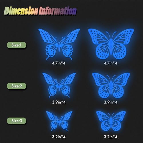 Glow in The Dark 3D Butterfly 24 Pcs Blue Butterfly Stickers, alternate view 7