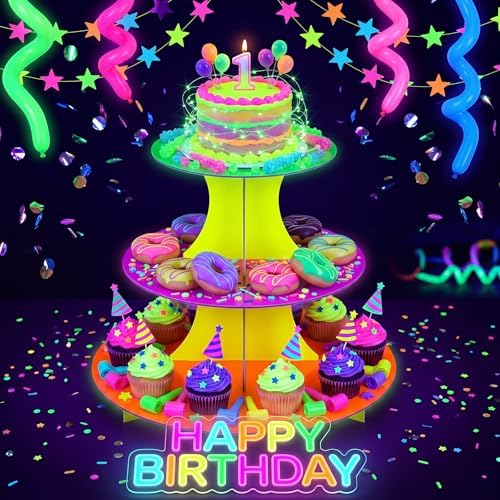 Glow in the Dark Neon 3-Tier Cupcake Stand, 1 Set Cardboard in multicolor, alternate view 2