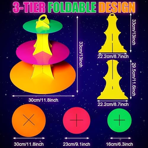 Glow in the Dark Neon 3-Tier Cupcake Stand, 1 Set Cardboard in multicolor, alternate view 3