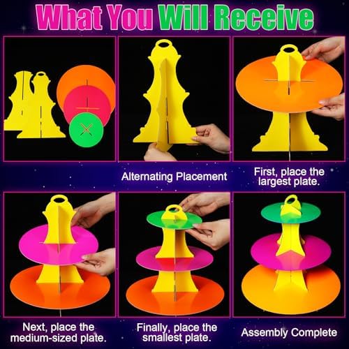 Glow in the Dark Neon 3-Tier Cupcake Stand, 1 Set Cardboard in multicolor, alternate view 4