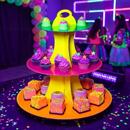 Glow in the Dark Neon 3-Tier Cupcake Stand, 1 Set Cardboard in multicolor, alternate view 5