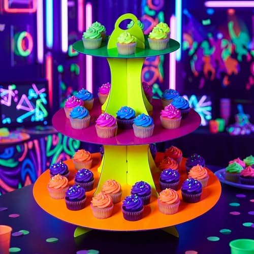 Glow in the Dark Neon 3-Tier Cupcake Stand, 1 Set Cardboard in multicolor, alternate view 6
