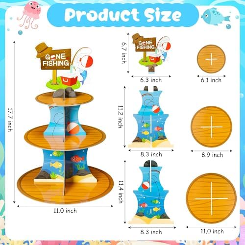 Go Fishing Cupcake Stand - 3 Tiered Fish Birthday Party Decorations in Blue、green, alternate view 3