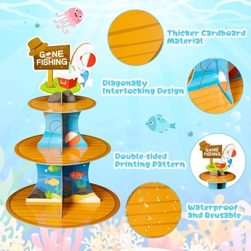 Go Fishing Cupcake Stand - 3 Tiered Fish Birthday Party Decorations in Blue、green, alternate view 4