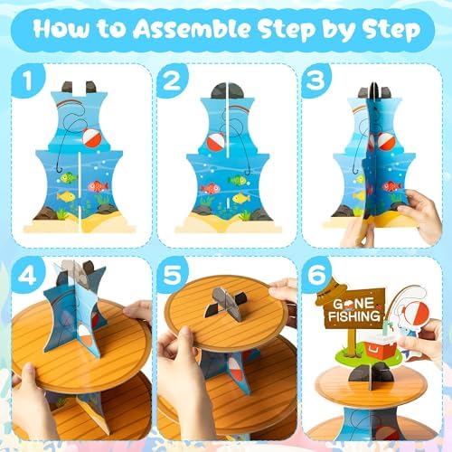 Go Fishing Cupcake Stand - 3 Tiered Fish Birthday Party Decorations in Blue、green, alternate view 5