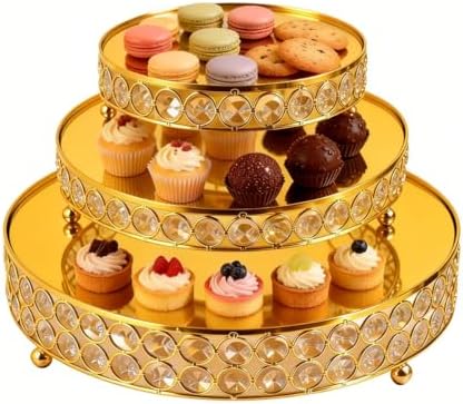 Gold 8/10/12Inch Crystal Cake Stand Set Round Cake Stand with Crystal Bling Pendants Dessert Table Display Set