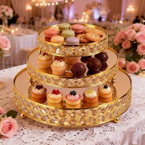 Gold 8/10/12Inch Crystal Cake Stand Set Round Cake Stand with Crystal Bling Pendants Dessert Table Display Set, alternate