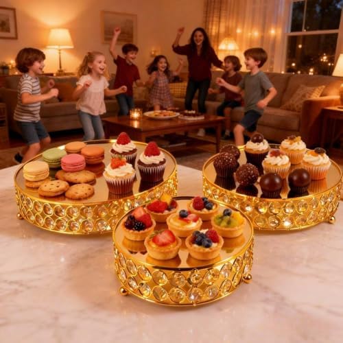 Gold 8/10/12Inch Crystal Cake Stand Set Round Cake Stand with Crystal Bling Pendants Dessert Table Display Set, alternate