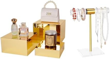 Gold Acrylic Display Risers 3PCS and Crystal T Bar Necklace Holder 1PC