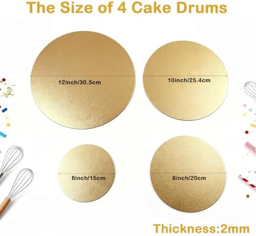Gold Cake Boards 4 Pack, 6 8 10 12 Inch Round Cardboard Cake Base, alternate view 3
