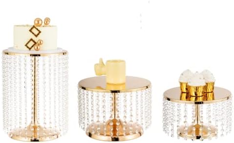 Gold Cake Stand Set of 3, Metal Mirror Cake Stand Cake Pedestal With Crystal Pendants and Beads, Cupcake Candy