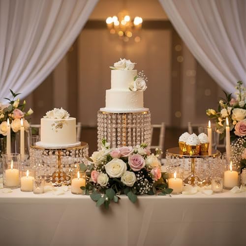 Gold Cake Stand Set of 3, Metal Mirror Cake Stand Cake Pedestal With Crystal Pendants and Beads, Cupcake Candy, alternate