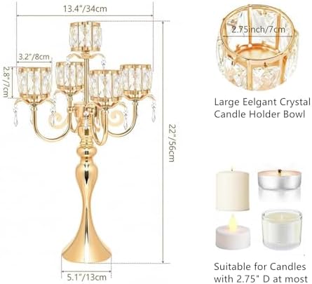 Gold Candelabra Table Centerpieces: 5 Arm Crystal Pendant Candle Holders in Gold, alternate view 3