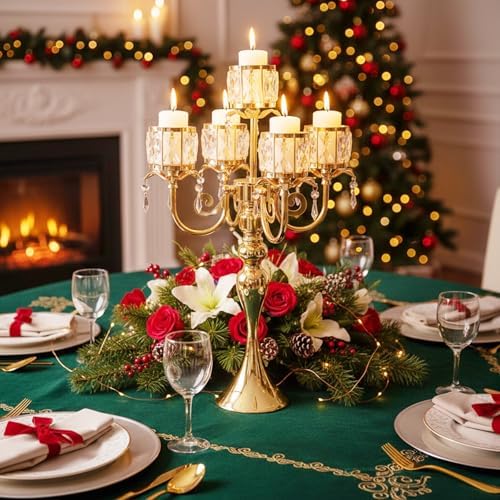 Gold Candelabra Table Centerpieces: 5 Arm Crystal Pendant Candle Holders in Gold, alternate view 5