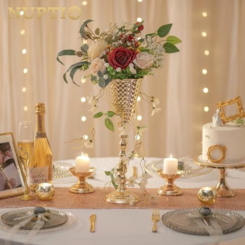 Gold Centerpiece for Wedding Table, Hammered, 16.5" Tall, 2 Pcs in 16.89" in Gold, alternate view 6