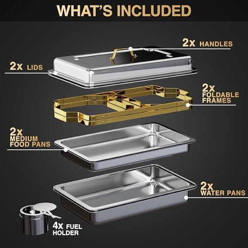 Gold Chafing Dishes for Buffet 2 Pack (2 Pans + 3 Utensils) - 9QT Stainless Steel Chafing Dish Buffet Set - Food, alternate