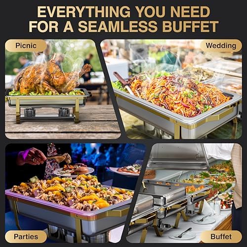 Gold Chafing Dishes for Buffet 2 Pack (2 Pans + 3 Utensils) - 9QT Stainless Steel Chafing Dish Buffet Set - Food, alternate