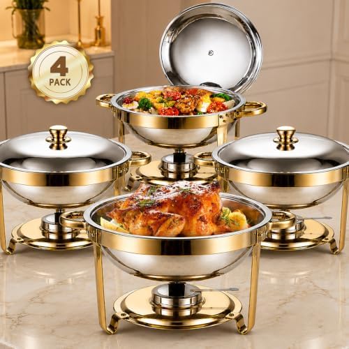 Gold Chafing Dishes for Buffet, 4 Pack 5QT Food Warmer Set for Home Parties
