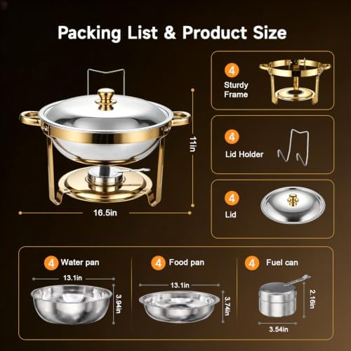 Gold Chafing Dishes for Buffet, 4 Pack 5QT Food Warmer Set for Home Parties, alternate view 2