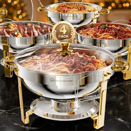 Gold Chafing Dishes for Buffet, Chafers with Glass Lid, 4 Pack