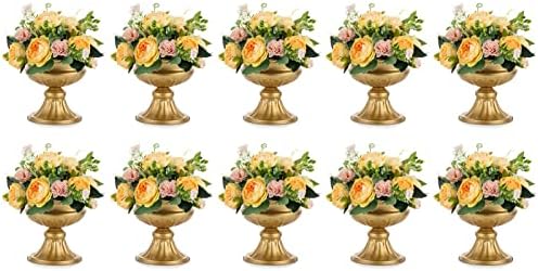 Gold Compote Vases Centerpiece: Metal Urn Planter, 6.5" Tall, 10 Pcs in Gold