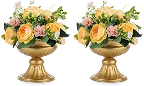 Gold Compote Vases Centerpieces: Metal Urn Planter, 6.5" Tall, 2 Pcs in Gold
