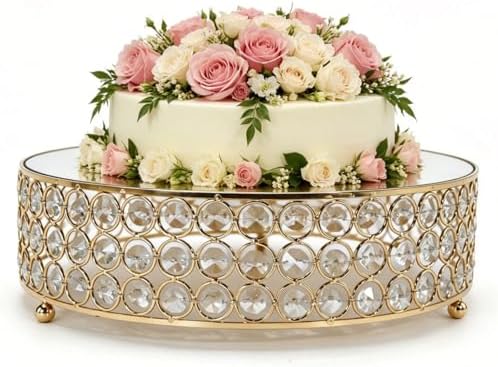 Gold Crystal Round Cake Stand with Mirror Top, 12 Inch Metallic Dessert Display Riser, Bling Crystal Cupcake