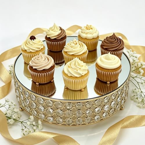 Gold Crystal Round Cake Stand with Mirror Top, 12 Inch Metallic Dessert Display Riser, Bling Crystal Cupcake, alternate view