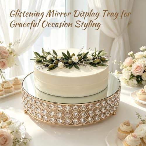 Gold Crystal Round Cake Stand with Mirror Top, 12 Inch Metallic Dessert Display Riser, Bling Crystal Cupcake, alternate view