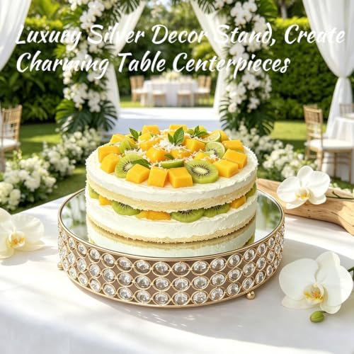 Gold Crystal Round Cake Stand with Mirror Top, 12 Inch Metallic Dessert Display Riser, Bling Crystal Cupcake, alternate view