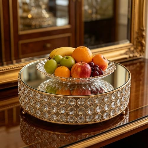 Gold Crystal Round Cake Stand with Mirror Top, 12 Inch Metallic Dessert Display Riser, Bling Crystal Cupcake, alternate view