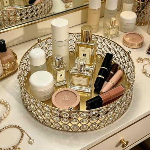 Gold Crystal Round Cake Stand with Mirror Top, 12 Inch Metallic Dessert Display Riser, Bling Crystal Cupcake, alternate view