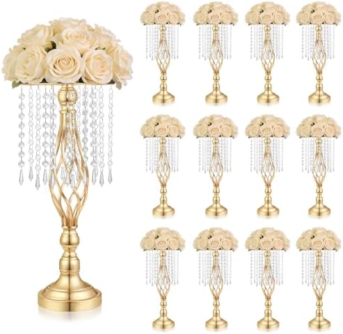 Gold Crystal Tall Vase Centerpiece Stand, Elegant Gold Flower Holder for Wedding Table Centerpieces, Perfect