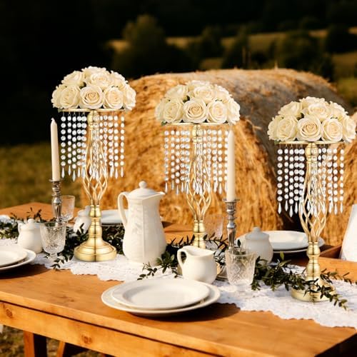 Gold Crystal Tall Vase Centerpiece Stand, Elegant Gold Flower Holder for Wedding Table Centerpieces, Perfect, alternate view