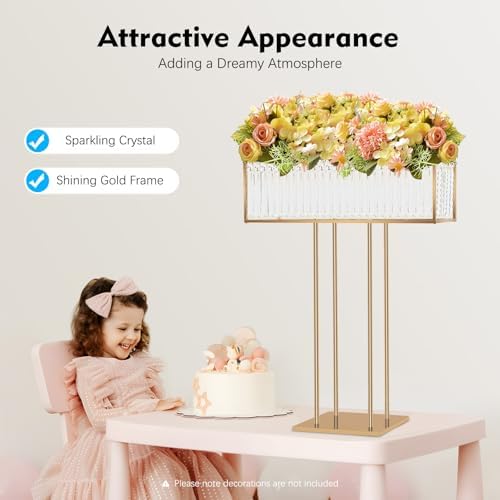 Gold Crystal Vases for Centerpieces, 35.4 in Tall Metal Square Vase Stand in Gold, alternate view 3