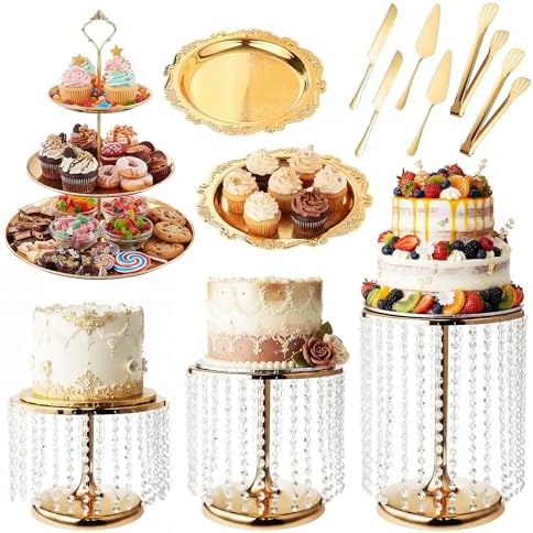 Gold Dessert Table Display Set, 12 Pcs Gold Cake Stand Set with Crystal Pendants - Metal Gold Dessert Stands &