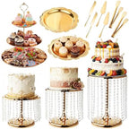 Gold Dessert Table Display Set, 12 Pcs Gold Cake Stand Set with Crystal Pendants - Metal Gold Dessert Stands &
