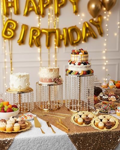 Gold Dessert Table Display Set, 12 Pcs Gold Cake Stand Set with Crystal Pendants - Metal Gold Dessert Stands &, alternate