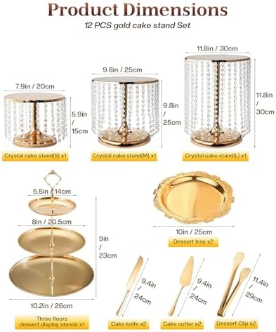 Gold Dessert Table Display Set, 12 Pcs Gold Cake Stand Set with Crystal Pendants - Metal Gold Dessert Stands &, alternate