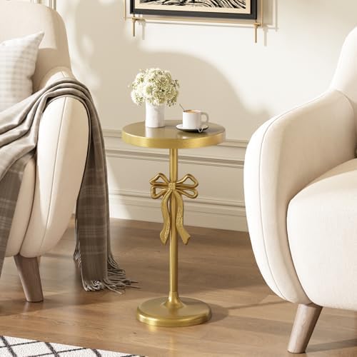 Gold Drink Table, Metal Martini Side Table - 11.9" x21.7'', Gold Small Accent Table with Bow Decoration, alternate view 2
