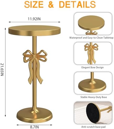 Gold Drink Table, Metal Martini Side Table - 11.9" x21.7'', Gold Small Accent Table with Bow Decoration, alternate view 3