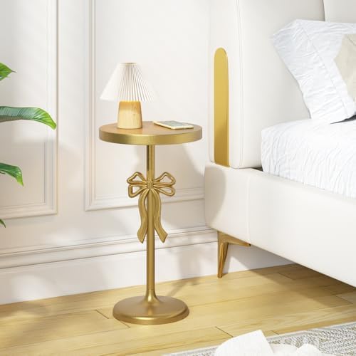 Gold Drink Table, Metal Martini Side Table - 11.9" x21.7'', Gold Small Accent Table with Bow Decoration, alternate view 7